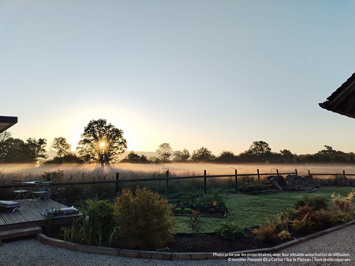 La brume et le lever du soleil sur le nouveau jardin de Gwenaëlle. 